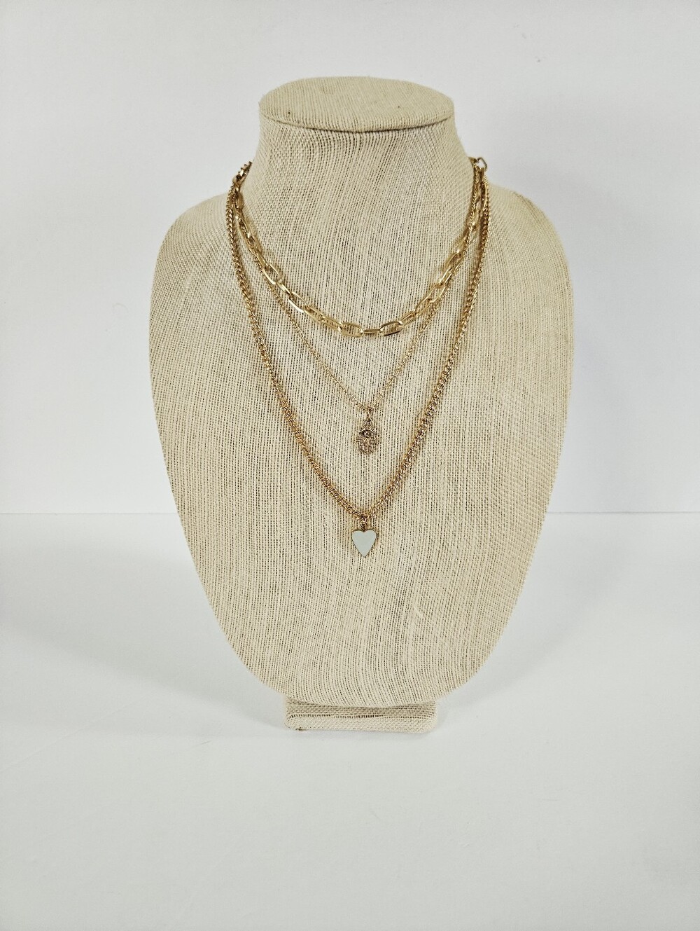 Polished Gold Tone Triple Layered Chain Paperclip Link Hamsa Pendant Necklace